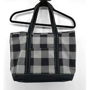 L.L.Bean Tote Bag Medium Black Gray Plaid Lightweight Zipper Closure